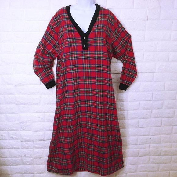 Vintage 90s Orvis USA-Made Flannel Nightshirt Plaid Tartan -Large V-Neck Snaps - Picture 1 of 10